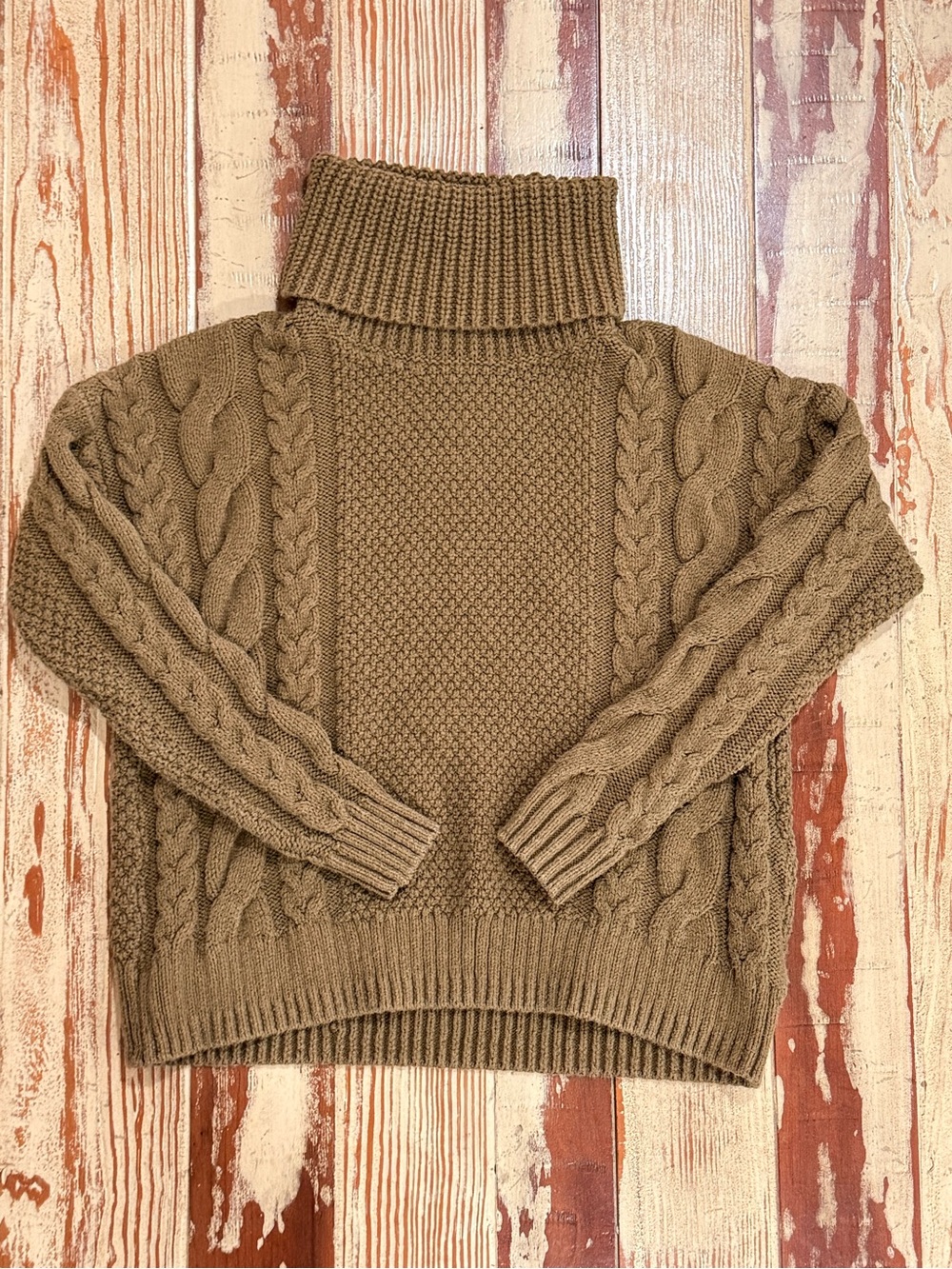 Madewell Cable Knit Turtleneck Sweater Golden Spinach Green Brown XXS